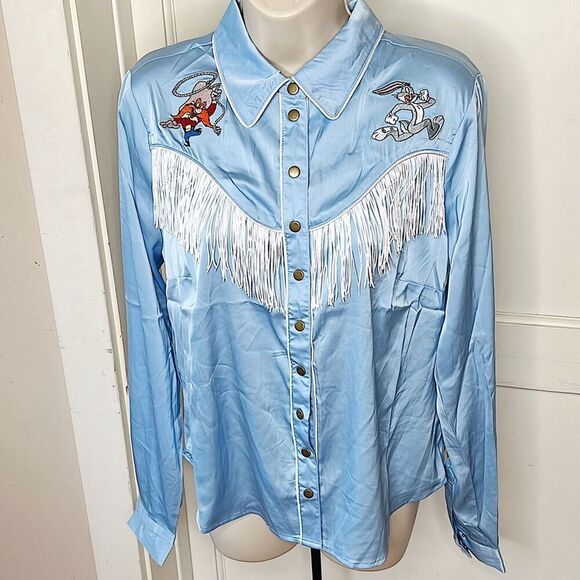 Looney Tunes x Unique Vintage Western Embroidered Fringe Button Up Shirt Blue NW - Picture 2 of 8